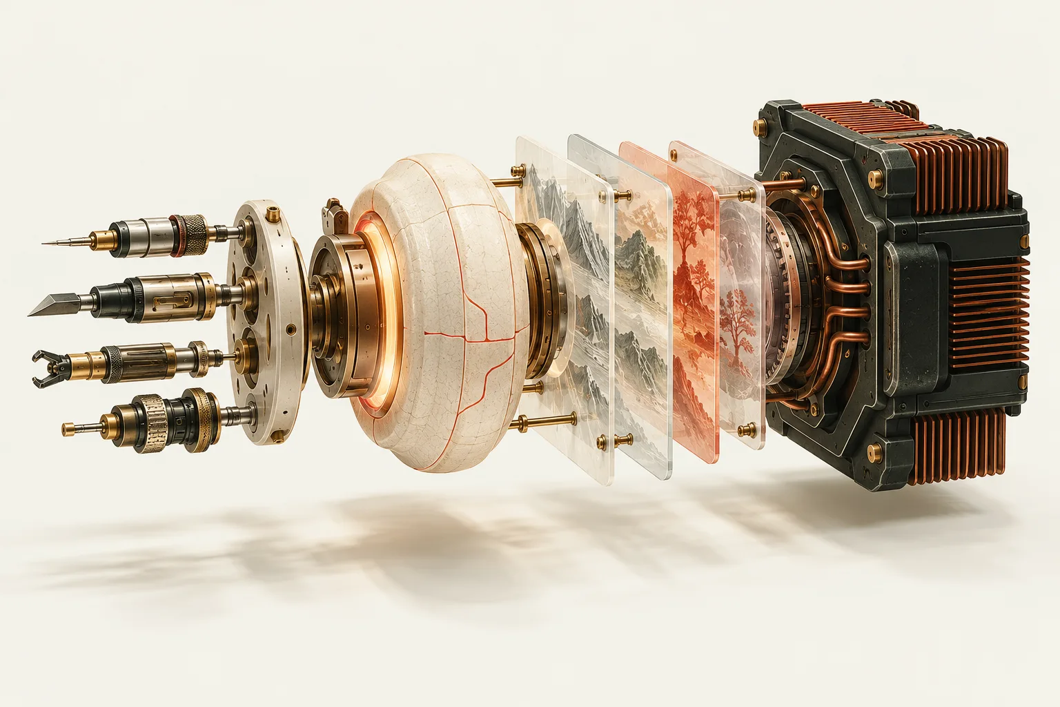 Illustration of tools, a model core, layered environments and compute joining into one working machine