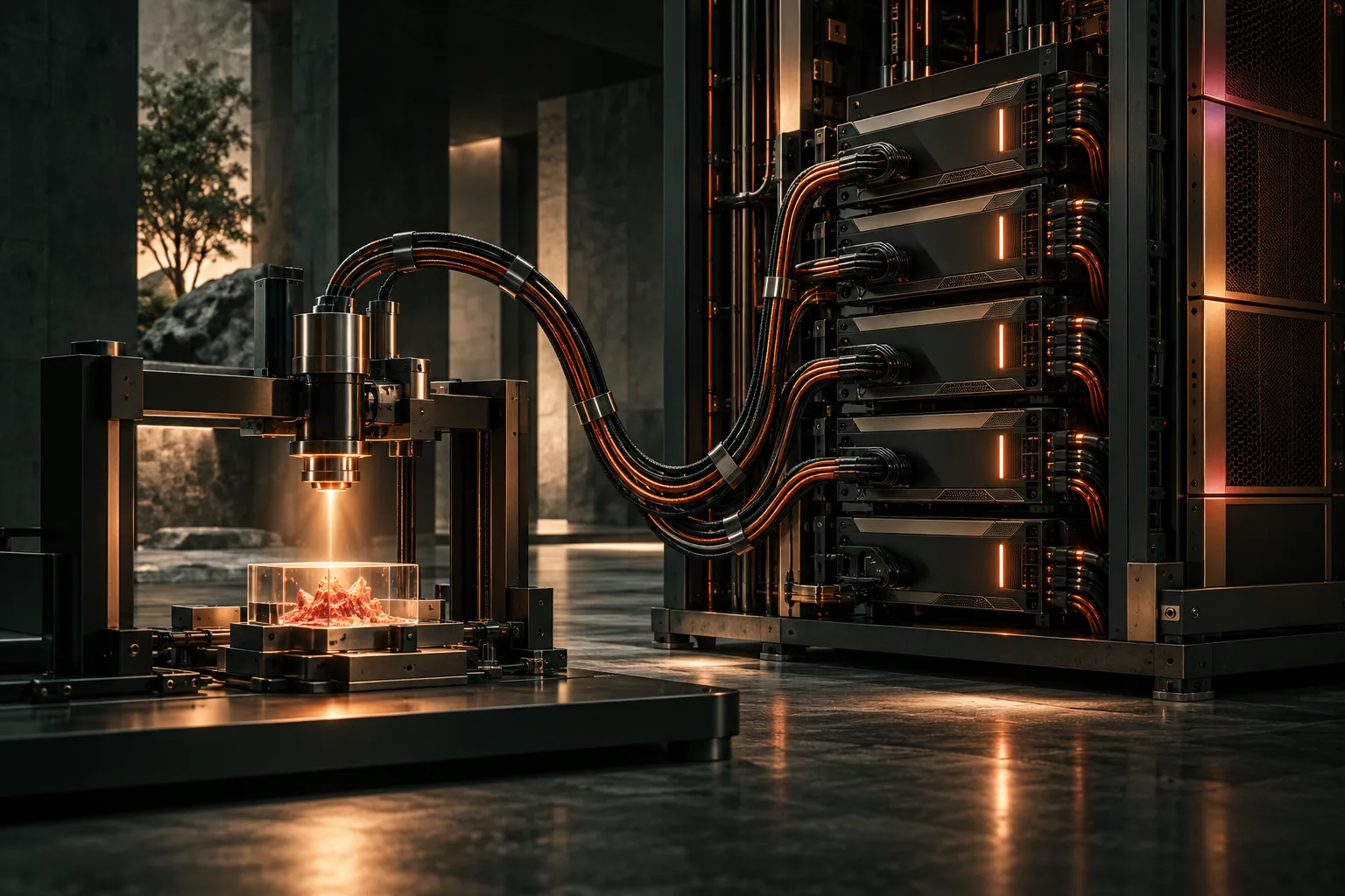 Illustration of a compute rack powering an active experiment through a connected instrument