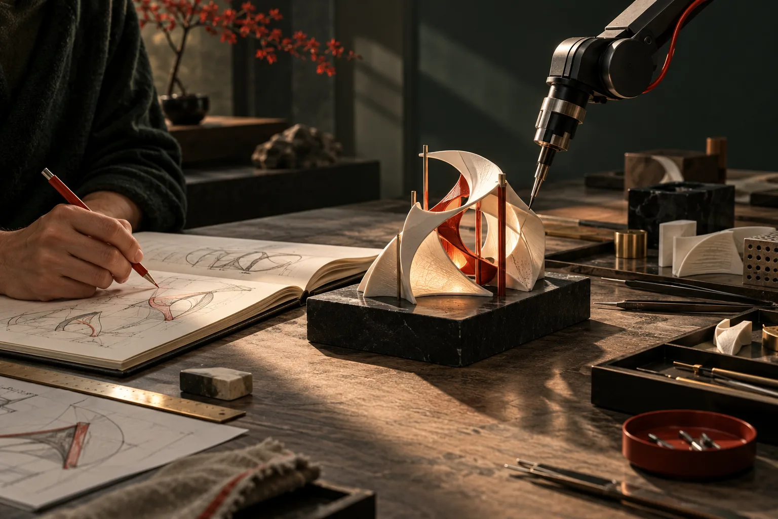Illustration of a person sketching while an agent's precision tool works on the same object